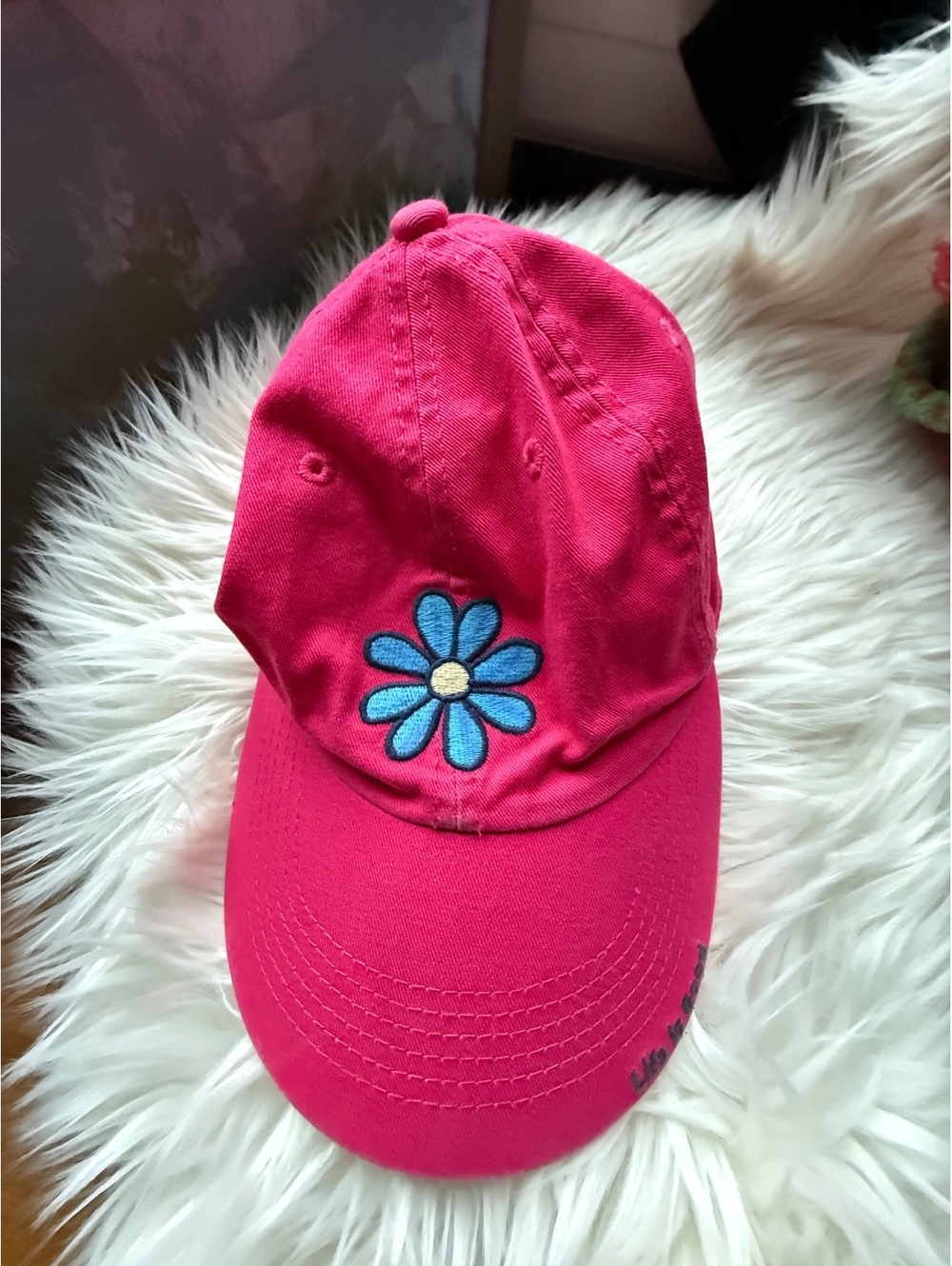 Life is Good Pink Cotton Baseball Cap with Blue Daisy Embroidery